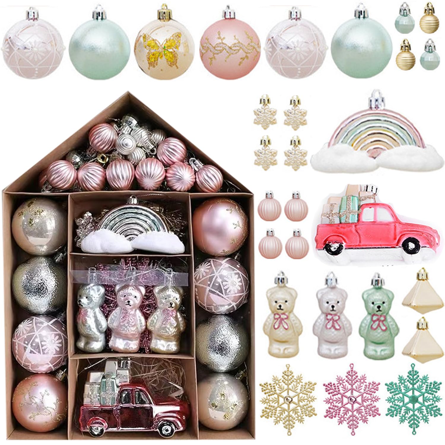 Uchi Christmas Ornament Ornaments, 70 Pcs Christmas Tree Ornaments Christmas Ball Ornaments Nordic Silvery White Christmas Ornaments Shatterproof Snow Winter Gorgeous Decorations 70pcs Silver White Christmas Tree Ball Ornaments Xmas Shatterproof Decorations