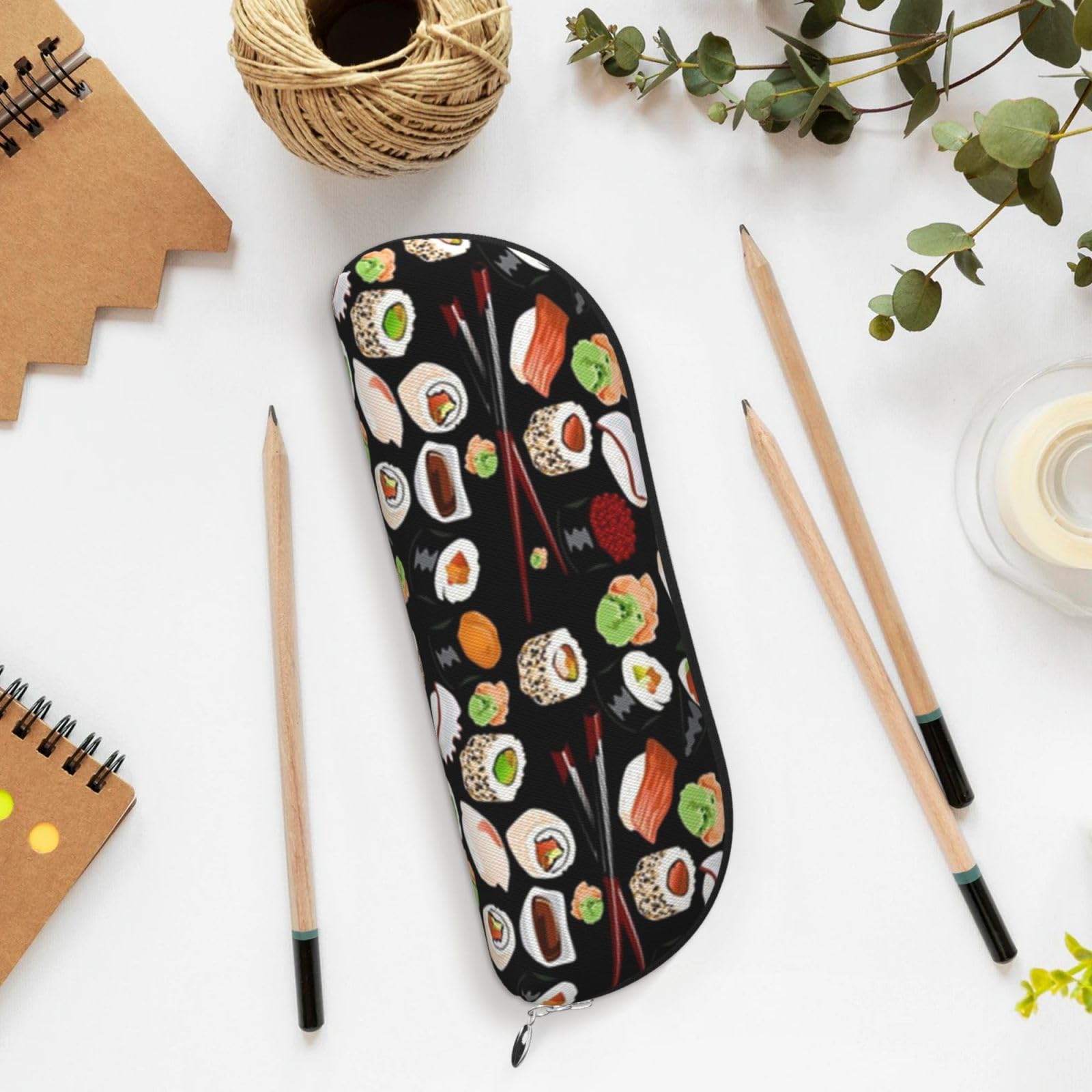 TOMPPY Japanese Sushi Black Printed Pencil Case Stand Up Pencil Pouch Small Pencil Holder Case Stationery Organizer Makeup Bag With Zipper Closure
