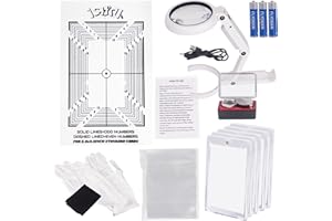 JstFrU Sports Card Grading Kit,Card Grading Centering Tool Set,LED Magnifying Table Lamp,High Intensity Magnifying Loupe, Microfiber Cloth,Gloves,Soft Sleeves,Magnetic Holders,Batteries (White)