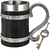 Viking Beer Mug Gifts for Men - 21oz Nordic Wooden Barrel Beer Tankard Cup Viking Norse Decor Stainless Steel Cool Coffee Mug for Men Medieval Beer Cup Stein