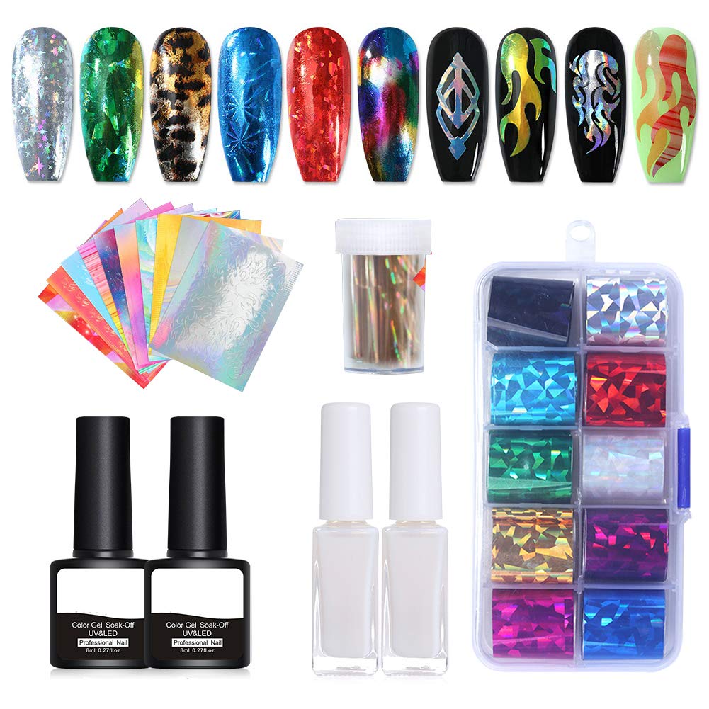 NEE JOLIE Nail Art Foil Glue Gel with Starry Sky Star Foil Stickers Set Nail Transfer Tips Manicure Art DIY, 10PCS Flame Nail Stickers, holographic, Base&Top Coat, UV LED Lamp Required