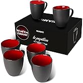 MIAMIO - Set of 6 Stoneware Coffee Mugs 12 Ounce/Cup Set - Le Papillon Collection (Black-Red)