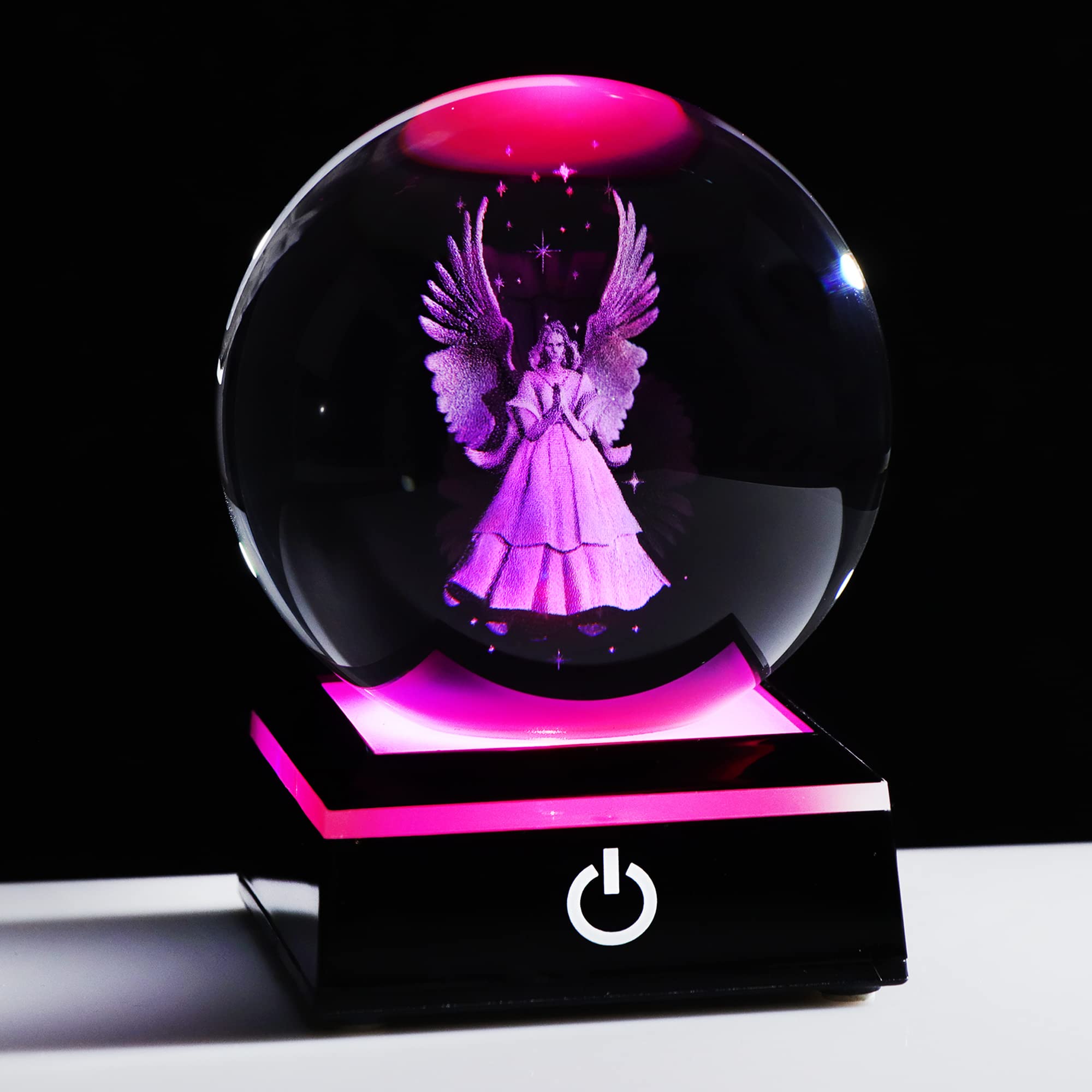 Movdyka 8CM Crystal 3D Guardian Angel Figurines Ball with LED Lamp Stand, Cherub with Wings Glass Ornaments for Women, Holy Praying Angel Keepsake