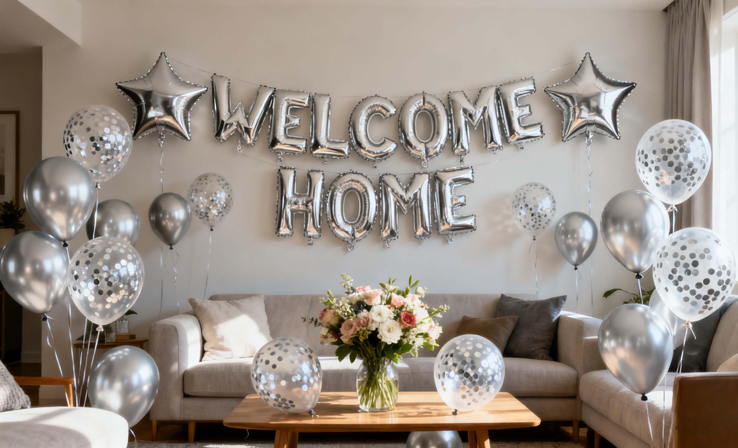 Fechy Welcome Home Letter Balloon Banner with Star Confetti Balloons for Home Family Party Decorations(24 Pack) (Silver)