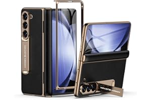 karenDon for Samsung Galaxy Z Fold 5 Phone Case,Luxury Premier Genuine Leather,Full Body Hinge Protection,Built-in Screen Protector,Kickstand Drop Proof Protective Cover (Black)