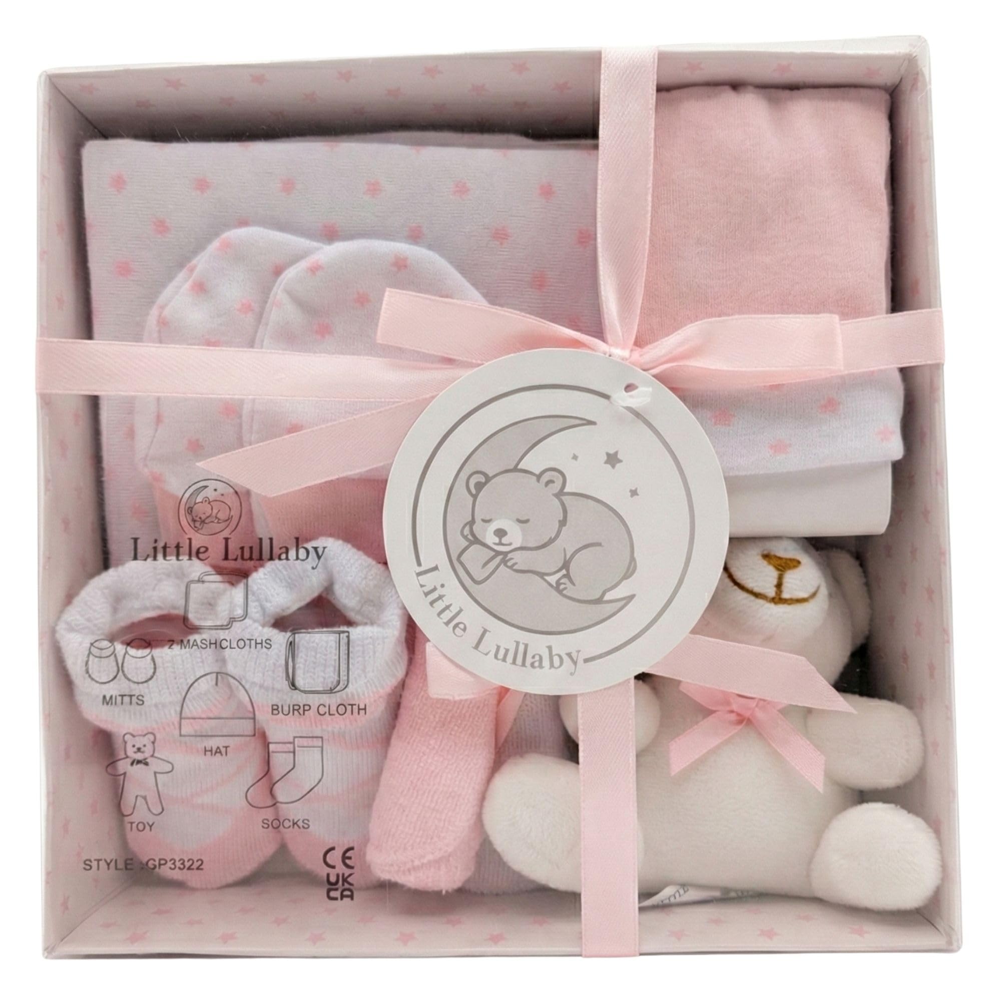 Little Lullaby Newborn 7 Piece Luxury Boxed New Born Baby Gift Set (0-3 Months), Newborn Baby Essentials & New Baby Girl Gift, Available in Blue & Pink (Pink)
