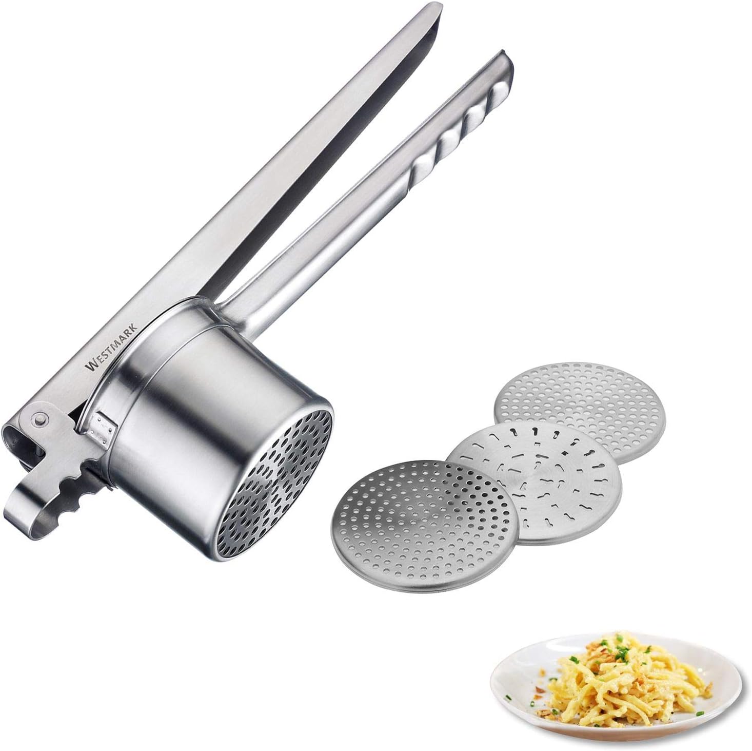 Westmark Kartoffel-/Spätzlepresse, Mit 4 austauschbaren Lochscheiben, Rostfreier Edelstahl, Länge: 35 cm, Quadro, Silber, 61172260