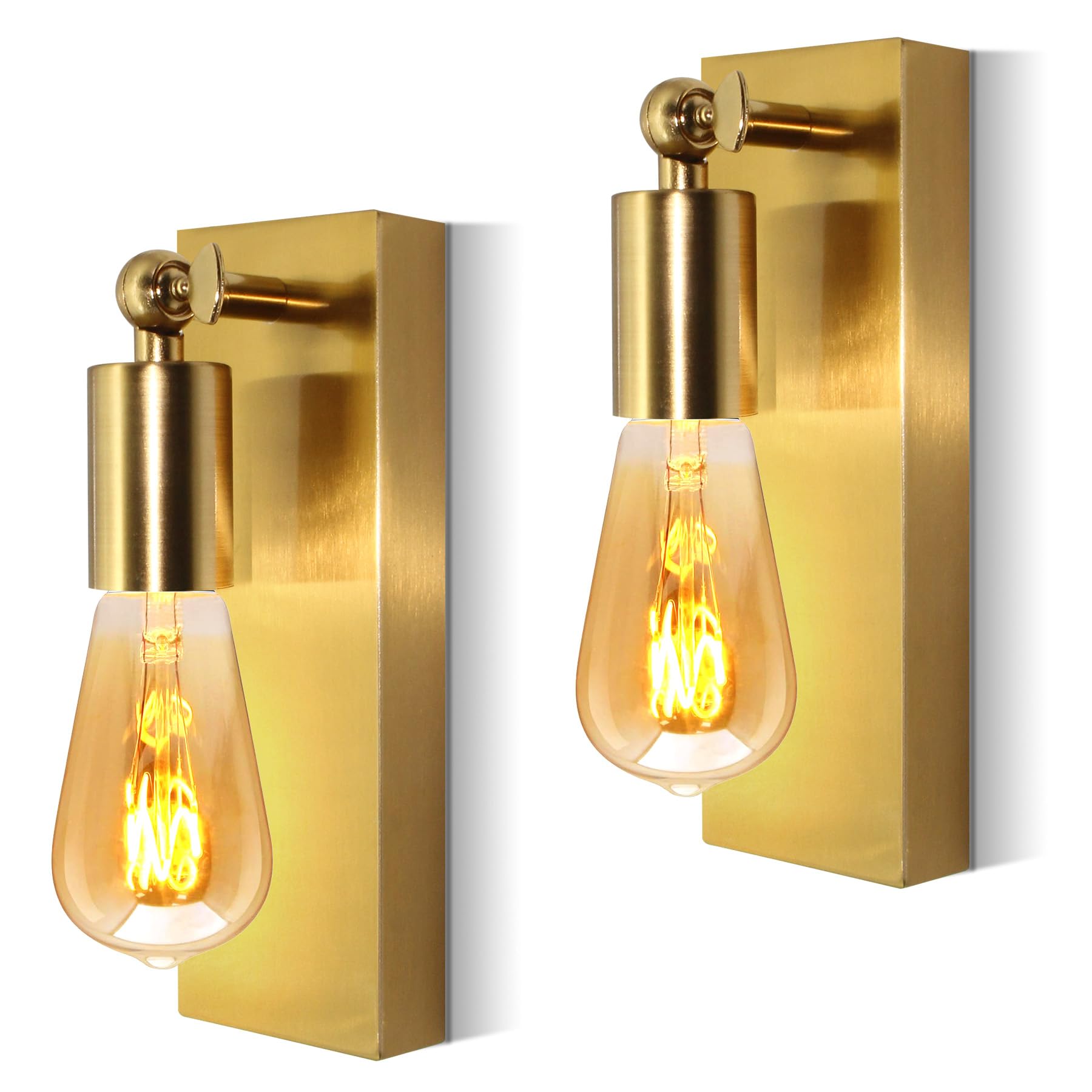 2 Pack Wall Lights for Bedroom, E27 Indoor Vintage Metal Wall Light, Bedside Wall Lights, Rotatable Wall Spotlight, Industrial Wall Lamp for Living Room, Bathroom Mirror Vanity Light, Gold, No Bulb