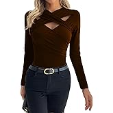 EWFKJ Long Sleeve Cutout Tops for Women Slim Fitted Crisscross V Neck Sexy Fall Going Out T-Shirts