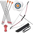 crazymouse Bow and Arrow for Teens Beginners Adults Longbow Kit 8 Arrows 5 Target Face Archery Recurve Bow Set Backyard Games Gift for Outdoor Sports