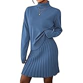 Pink Queen 2026 Women's 2 Piece Sweater Outfits Set Long Sleeve High Neck Top Pleated Mini Skirt Ribbed Knit