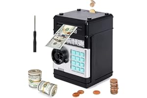 OUSCENE Piggy Bank Boalord for Boys Girls, Electronic ATM Password Piggy Bank Cash Coin Can Auto Scroll Paper Money Saving Box(Black)