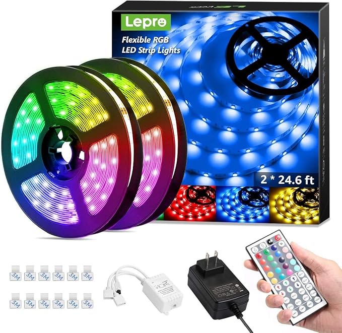 lepro led strip lights kit 50ft ultra long rgb led light strips dimmable color changing light strip with remote control 450 leds 12v led tape light