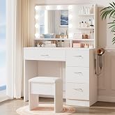 LIVELYGLOW White Makeup Vanity Desk with Charging Station &amp; 4 Drawers | 10 LED Bulbs, HD Mirror, Cushioned Stool, Hairdryer Rack