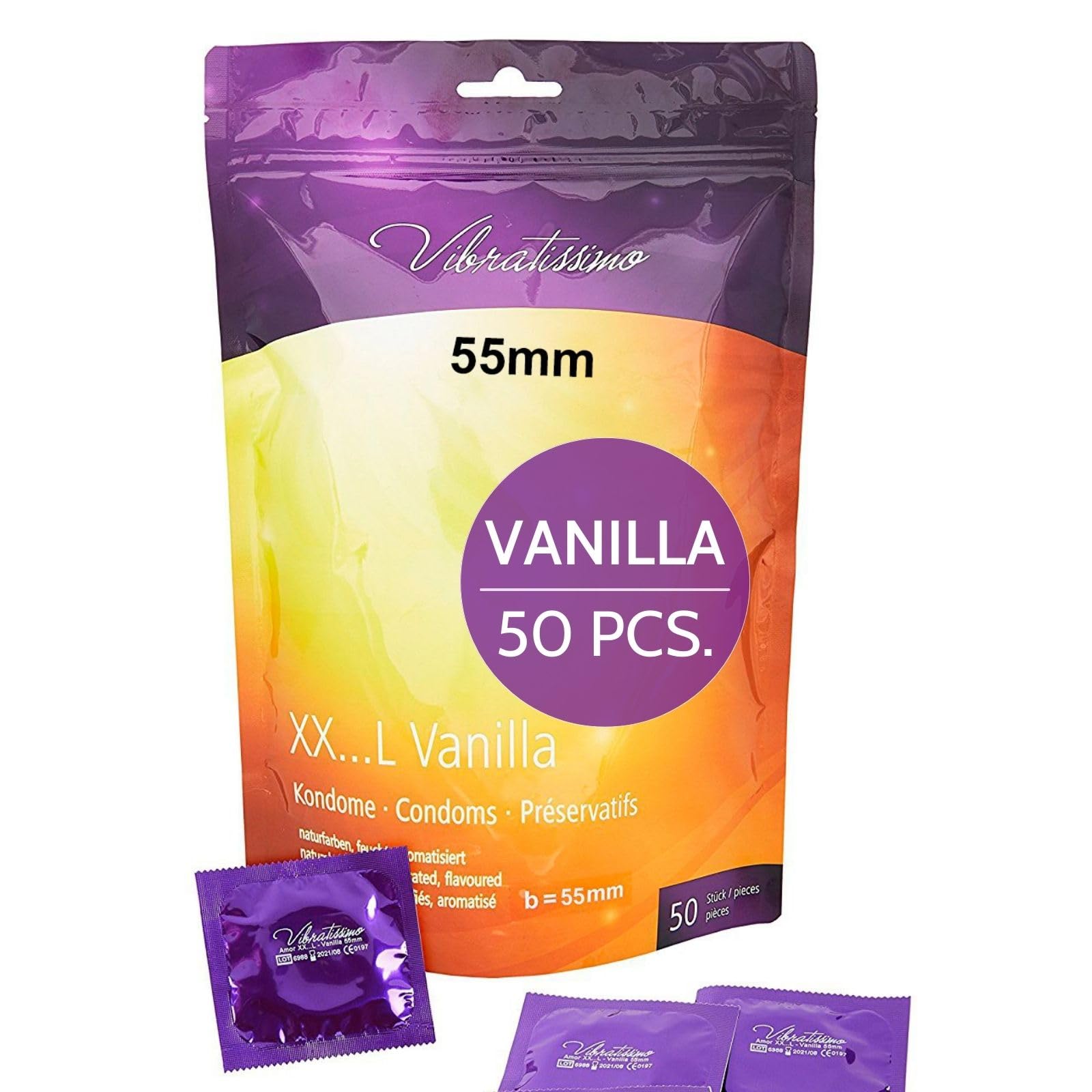 Vibratissimo XXL Vanilla Condoms 50-Pack - Premium with Aroma for Men, Thin Wall Thickness & Aromatized, 55mm Width