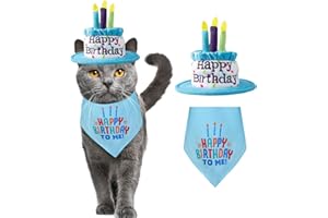 USHANG PET Cat Happy Birthday Cake Hat & Bandana Scarfs Set with Colorful Candles Blue, Cat Birthday Party Supplies Decorations