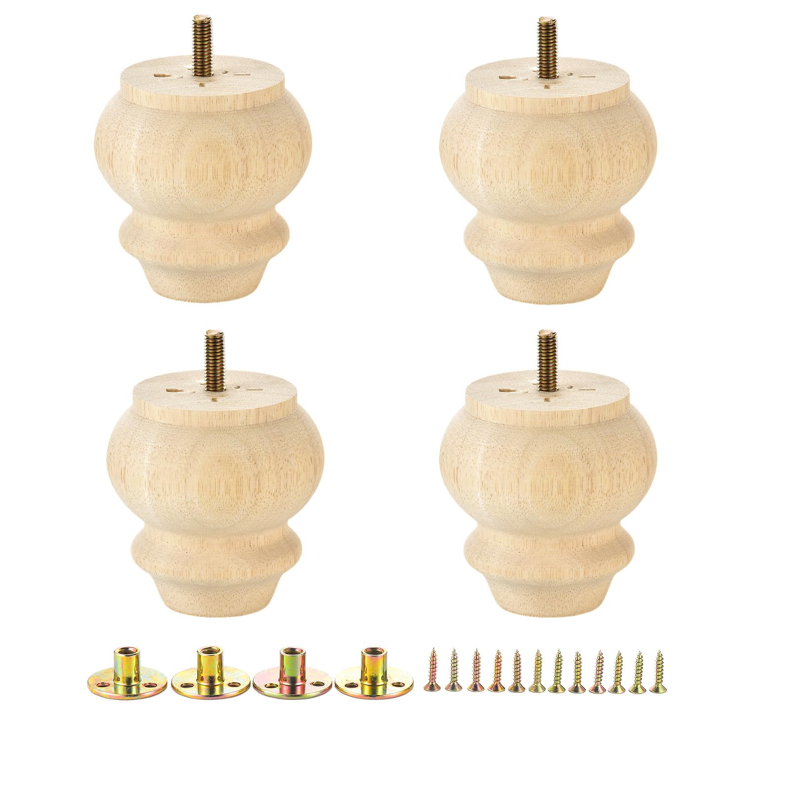 Mysummer Set of 4 Unpainted Solid Hardwood Furniture Legs 3inches with M8 Bolt Predrilled for Furniture Ottoman Couch Cabinet Sofa Legs