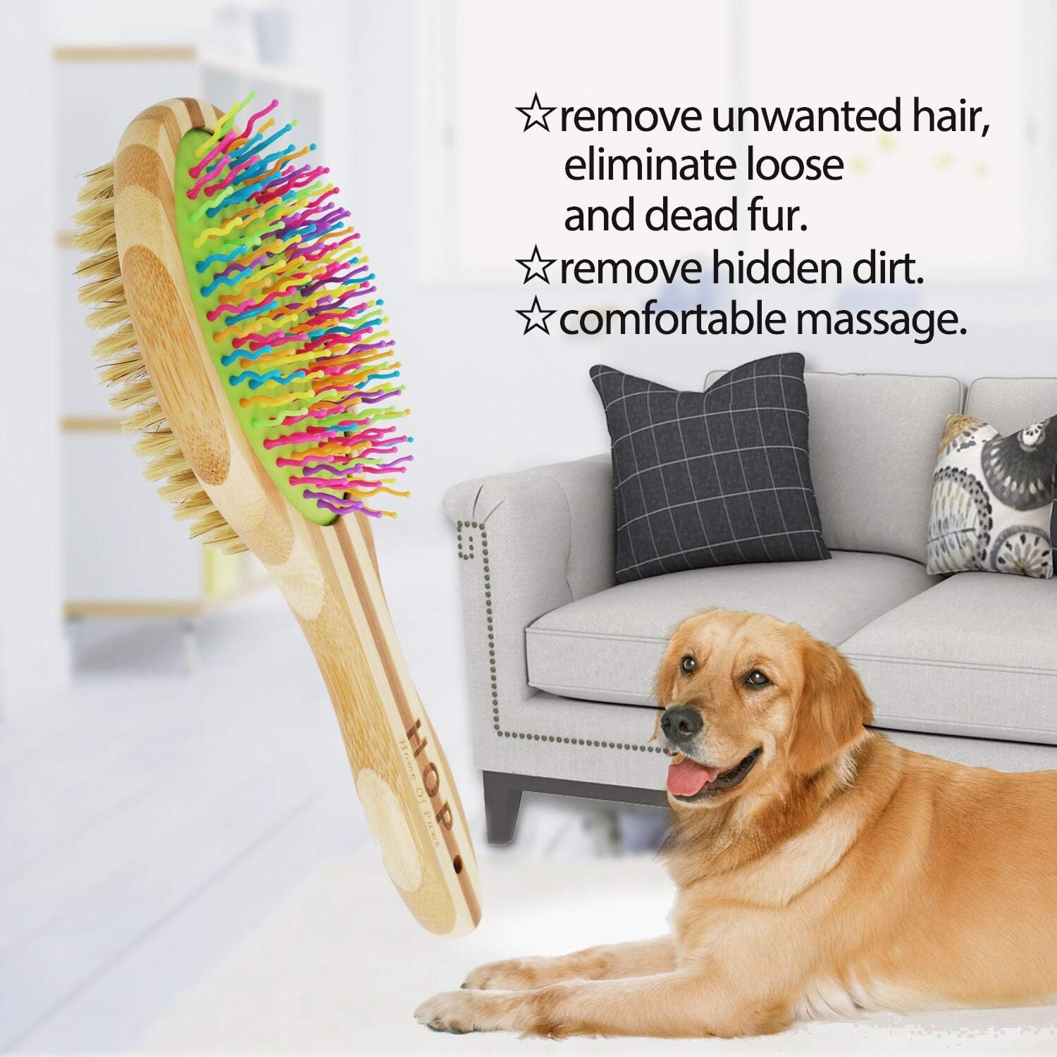 Double-Sided Pet Brush for Grooming & Massaging Dogs, Cats & Other Animals – Fur Detangling Pins & Coat Smoothing Slicker Bristles, Double the Brushing Groom Power In One Tool, Bamboo Handle: Beauty