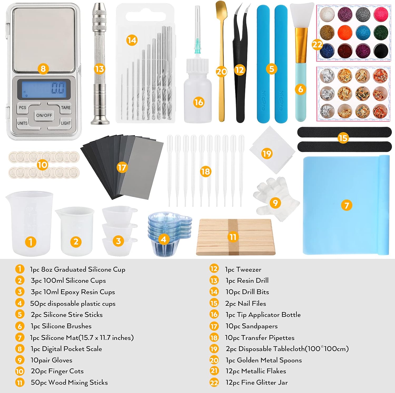 Epoxy Silicone Supplies Tool Set, Resin Measuring Cups with Resin Drill, Pocket Scale, Mixing Stick, Craft Mat, Sandpapers, Gloves for Resin Casting Art DIY, Jewelry Making