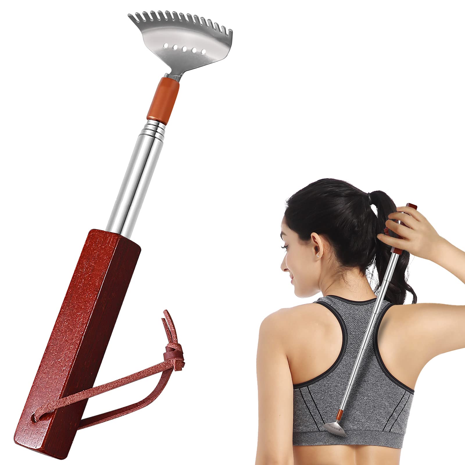 Extendable Back Scratcher, Azymi Back Scratcher for Women Men Adults with Long Wood Handle Steel Claw Hanging Loop, Sturdy Hand Back Scratcher Massagers