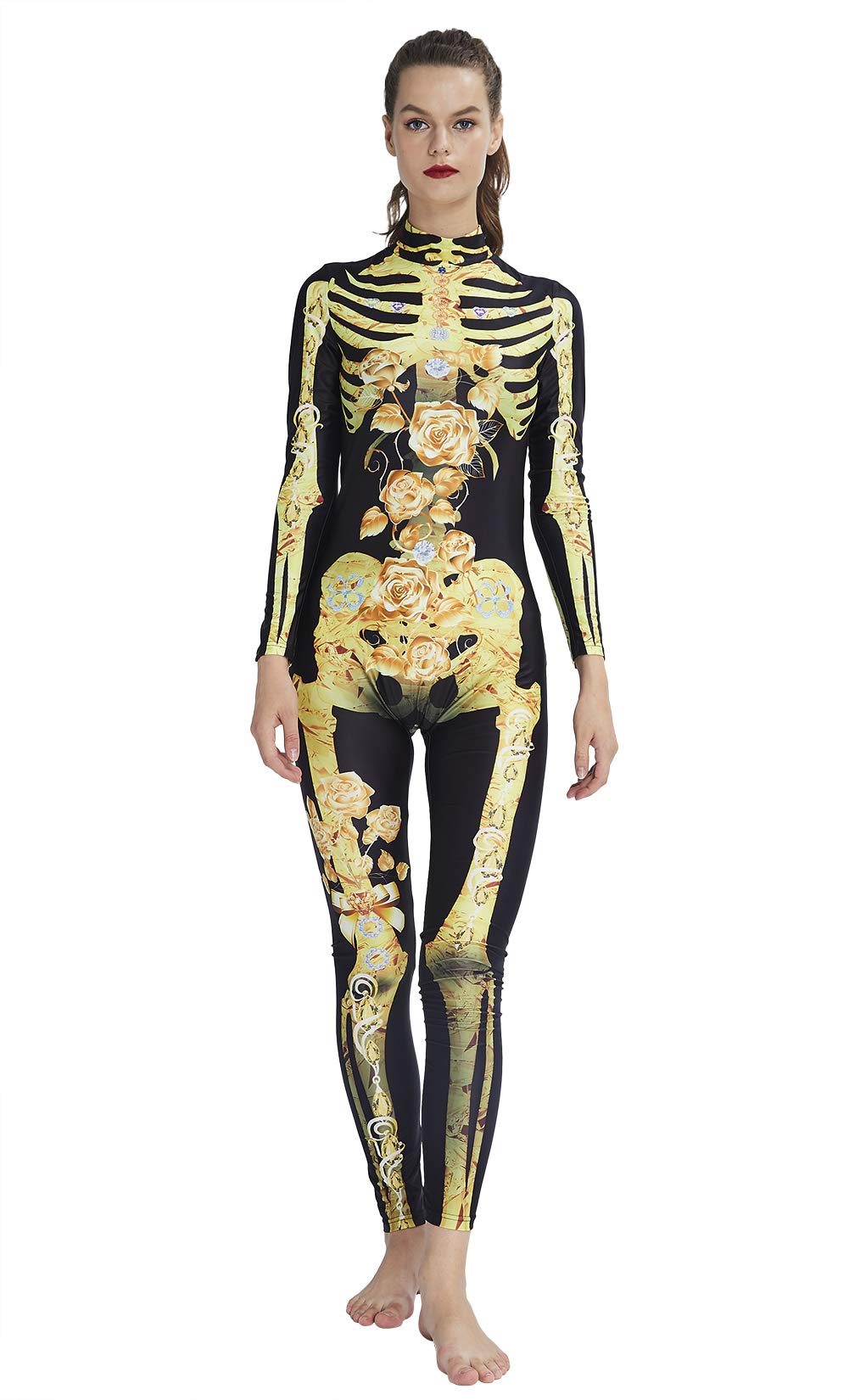 RAISEVERN3D gráfico de la Flor de Oro Impreso Scary Zombie Onesies de Halloween Trajes de Manga Larga Atractiva del Cosplay Esqueleto del Mono del Estiramiento Body Completo