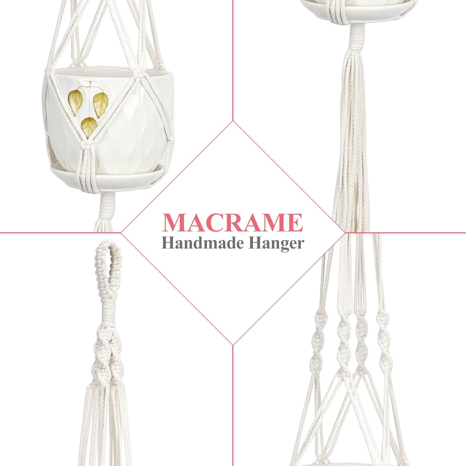 Purnap 2 Pack Macrame Plant Hangers with 2 Hooks, Handmade Indoor Outdoor Hanging Planter Holder Basket Flower Pot Holder Cotton Rope for Garden Home Decoration, 4 Legs, 42" Length: Garden & Outdoor