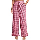 Flygo Women's Gingham Pants Y2K Cotton Wide Leg Ruffle Hem Lounge Pants Plaid Elastic Wasited Trouser with Pockets