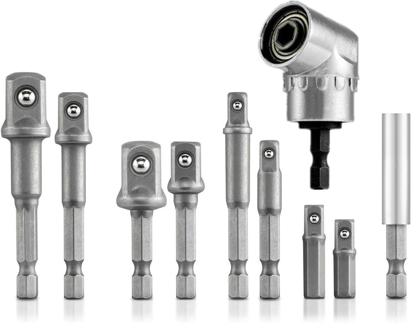 8Pcs 1/4" 3/8" 1/2" Cr-V Hex Shank Impact Grade Driver Socket Adapter/Extension Set Drill Bit,105 Degree Right Angle Screwdriver set Drill Hex Bit Socket Adapter,Right Angle Drill