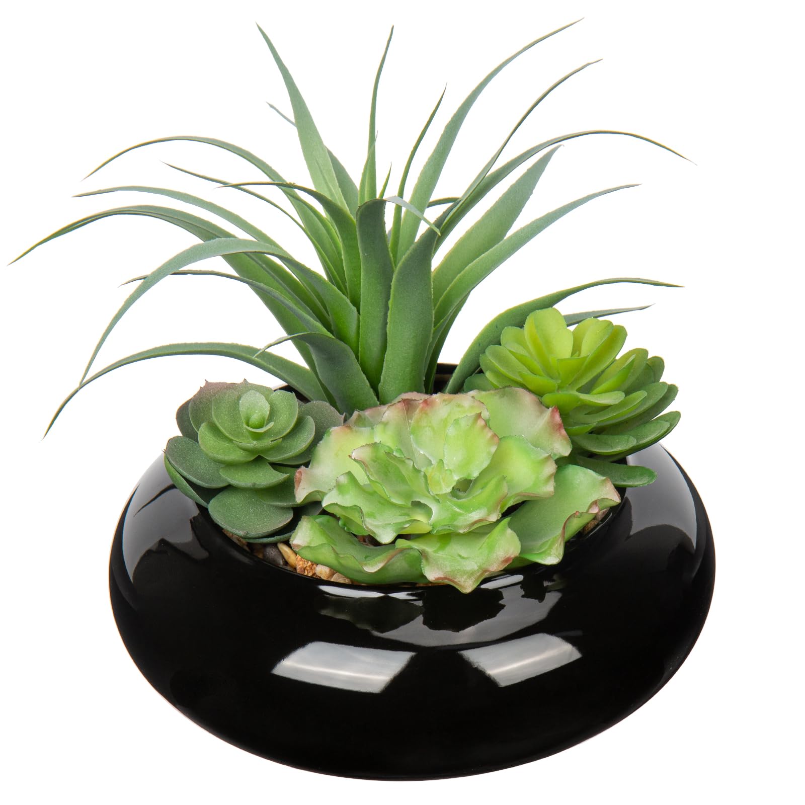 Arborus 21cm Artificial Succulent Plants in Pots Faux Succulent Arrangements in Black Ceramic Pot Fake Mix Succulents Potted Plant for Bedroom Bathroom Desk Shelf Window Sill Decorations