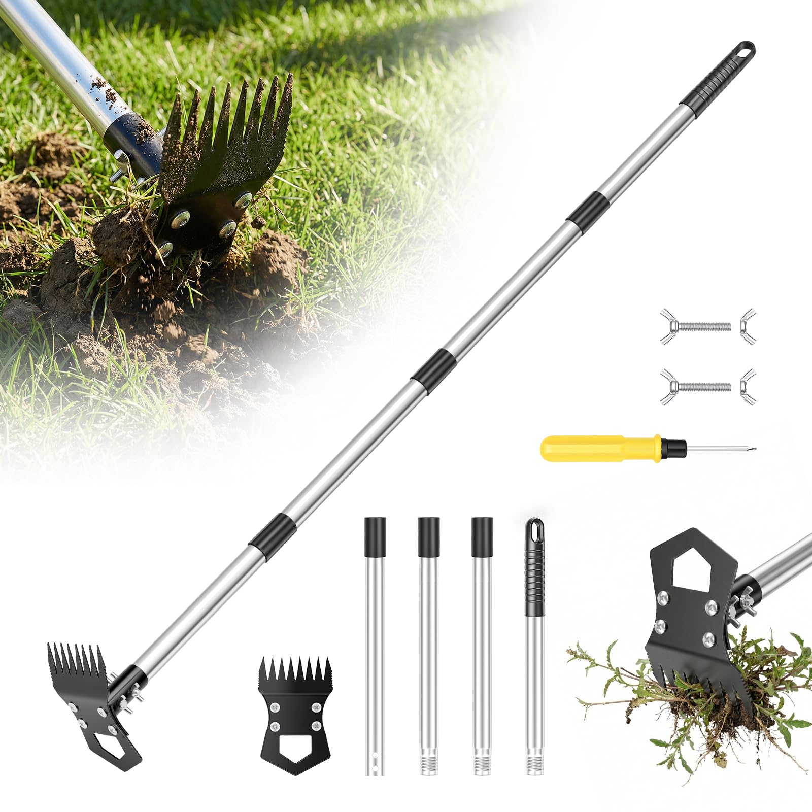 Hysagtek Unkrautstecher - 150cm Unkraut Entferner Gerät, Unkrautjäter mit Langem Stiel und Schraubenzieher Abnehmbar, 2 in 1 Manuell Gartenhacke für Garten, Hof, Rasen, Terrasse