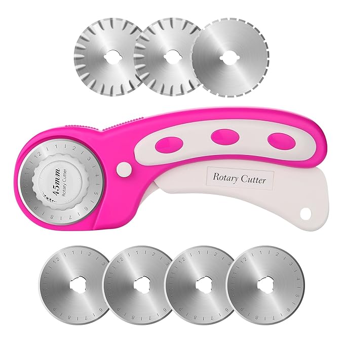 Rollschneider Stoffschneider WADEO 45mm Stoffschneider mit 7 Ersatzklingen und Schutzmechanismus Rundklingen Cutter für Abste