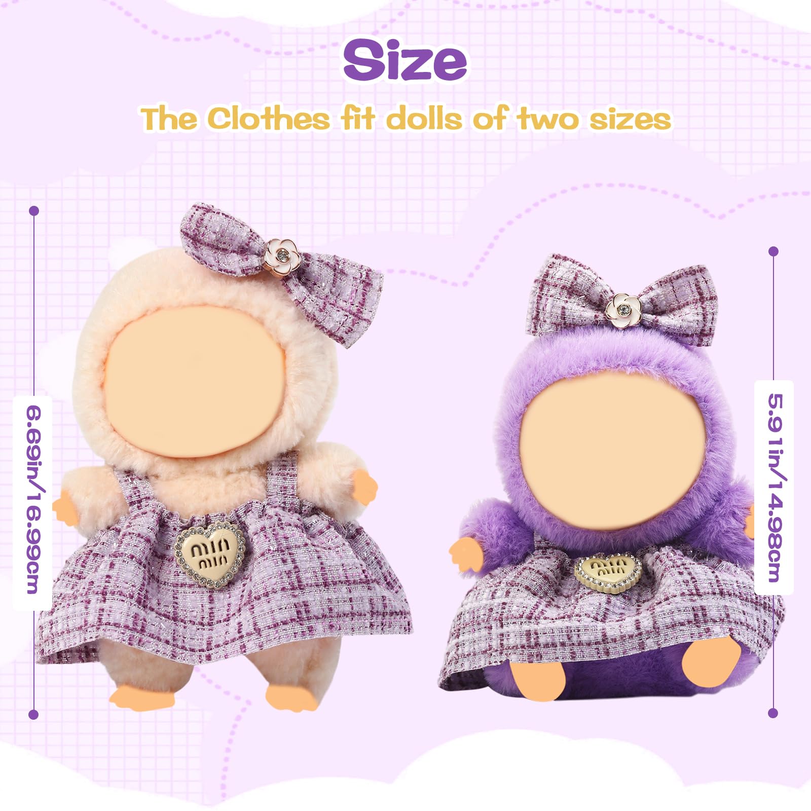 Clothes for Blind Box Dolls, Premium 2-Piece Dolls Accessories Set with Chic Bow Dress Outfit for 15-17cm Plush Blind Box Toy (Purple Set)