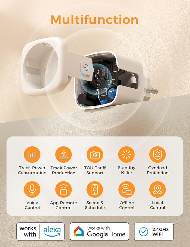 Prise Connectée WiFi avec Surveillance de l'Énergie, Prise Programmable Intelligente avec Surveillance Solaire, Tarif TOU, Protection contre les Surintensités et la Surchauffe, avec Alexa