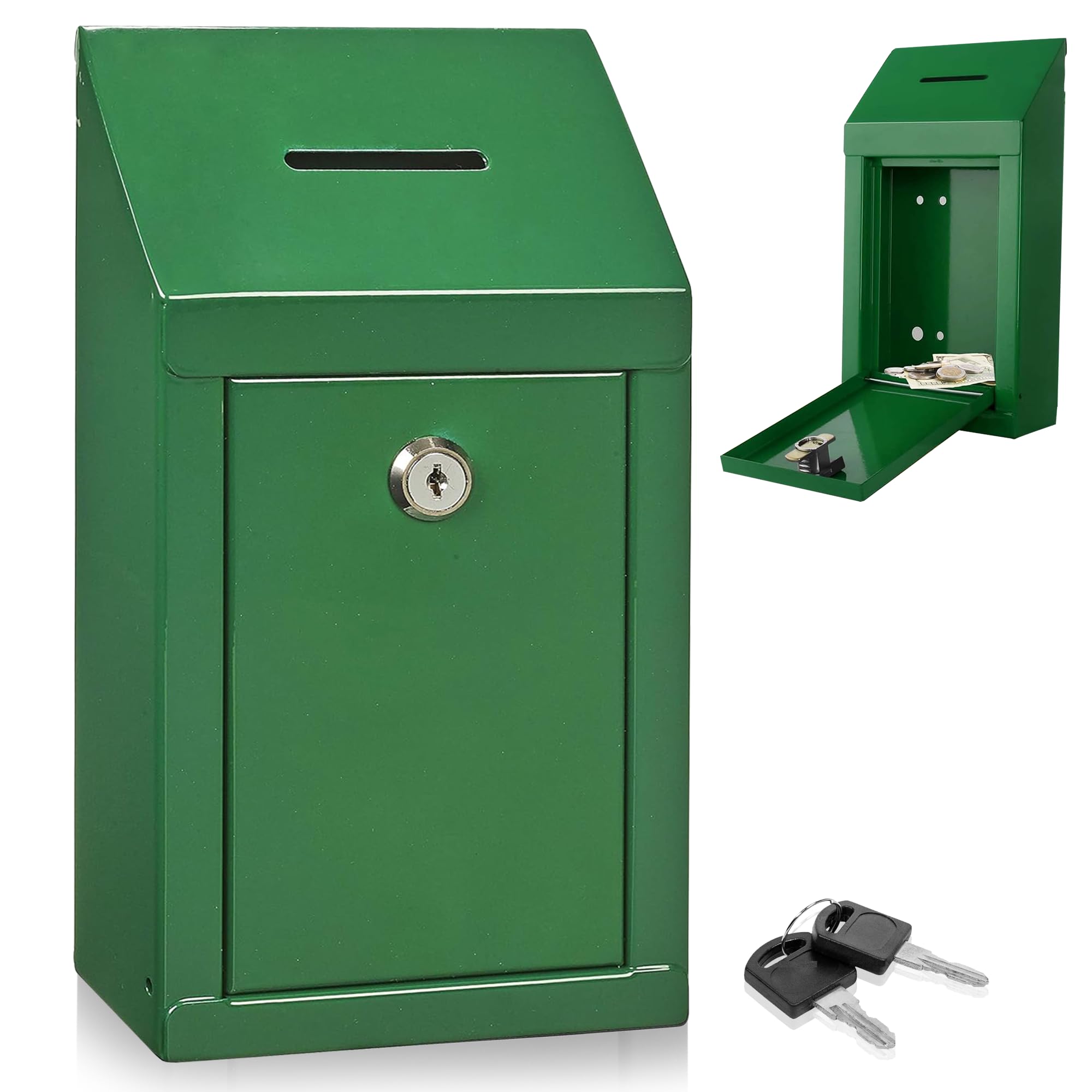 Metal Wall Mounting or CounterTop Charity Donation Collection Box Secure Suggestion and Ballot Box with Top Coin Slot, Lock Included with 2 Keys (Green)