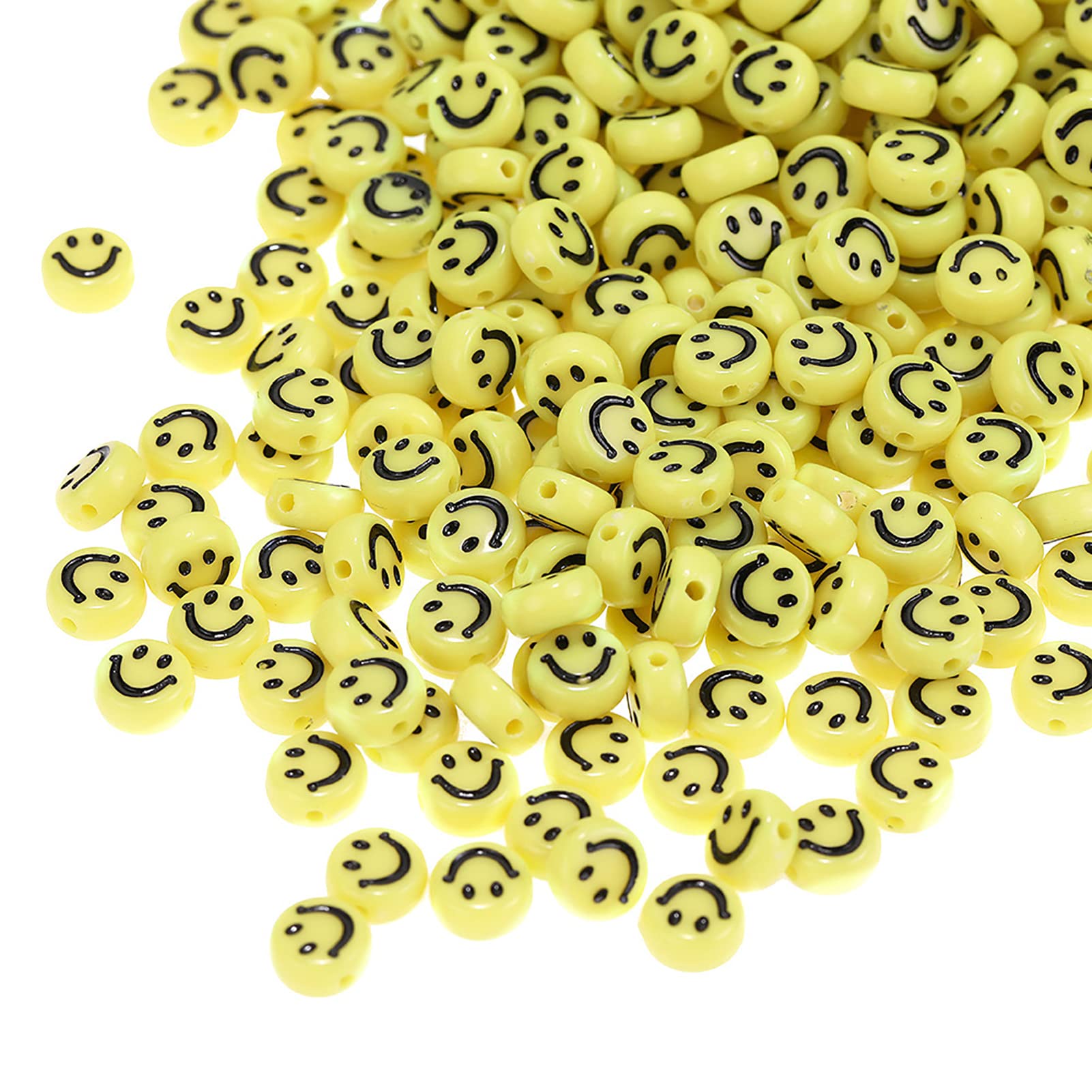 200pcs Yellow Acrylic Smile Face Beads 7mm Pony Disc Coin Black Enamel Loose Spacer Beads for DIY Jewelry Bracelet Mobile Phone Pendant Making
