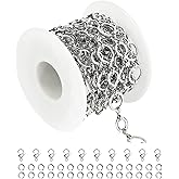 UMAOKANG 13 Feet Silver Jewelry Making Chains, Stainless Steel Circle Cable Necklace Chain with Jump Rings and Lobster Clasps Crafts Chain Bulk