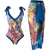 YUNAR Women Retro Deep Plunging One Piece Monokini Swimwear with Sarong 2 pcs Set, Small