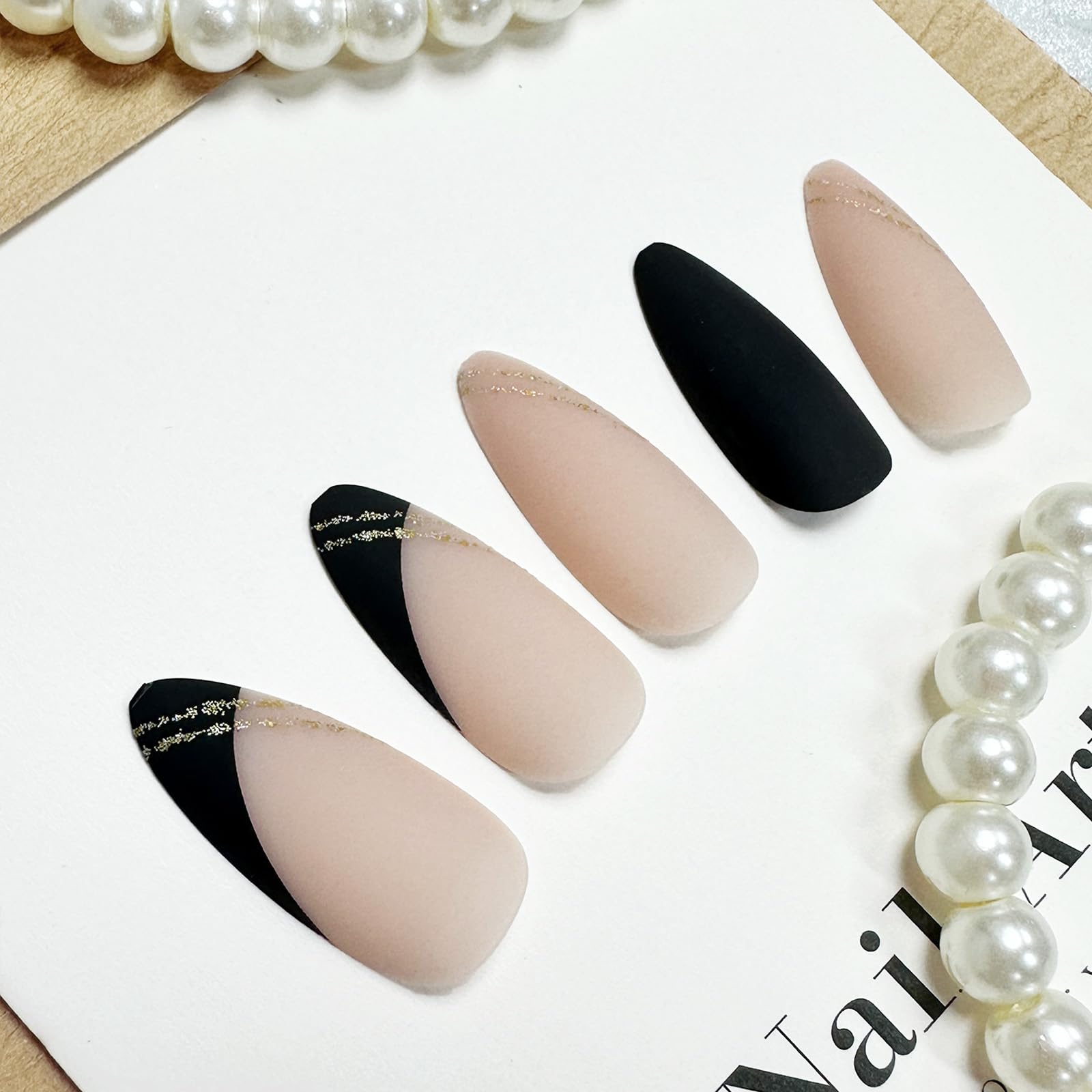 Black Press on Nails Medium Almond Fake Nails Matte False Nails Press ons with Designs French Tip Acrylic Full Cover Glue on Nails Artificial Stick on Nails for Women Manicure 24 Pcs - Image 2