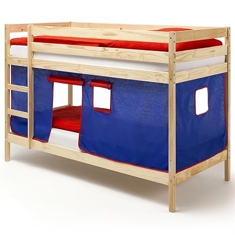 IDIMEX Etagenbett Doppelstockbett Felix, Kiefer massiv, Natur lackiert, mit Vorhang in blau und rot