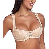 DotVol Women's Lightly Padded Floral Lace Demi Wide Straps Underwire Balconette Bra