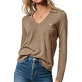 Tankaneo Womens Long Sleeve Polo Shirts V Neck Fall Dressy Casual Collared Tops Loose Fit Work Shirt