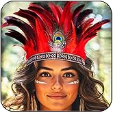 GORTIN Indian Headdress Peacock Feather Headband Native American Headpiece Carnival Costume Hair Accessories for Women (Red, Free size)