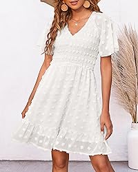 BTFBM Women's V Neck Smocked Short Sleeve Casual