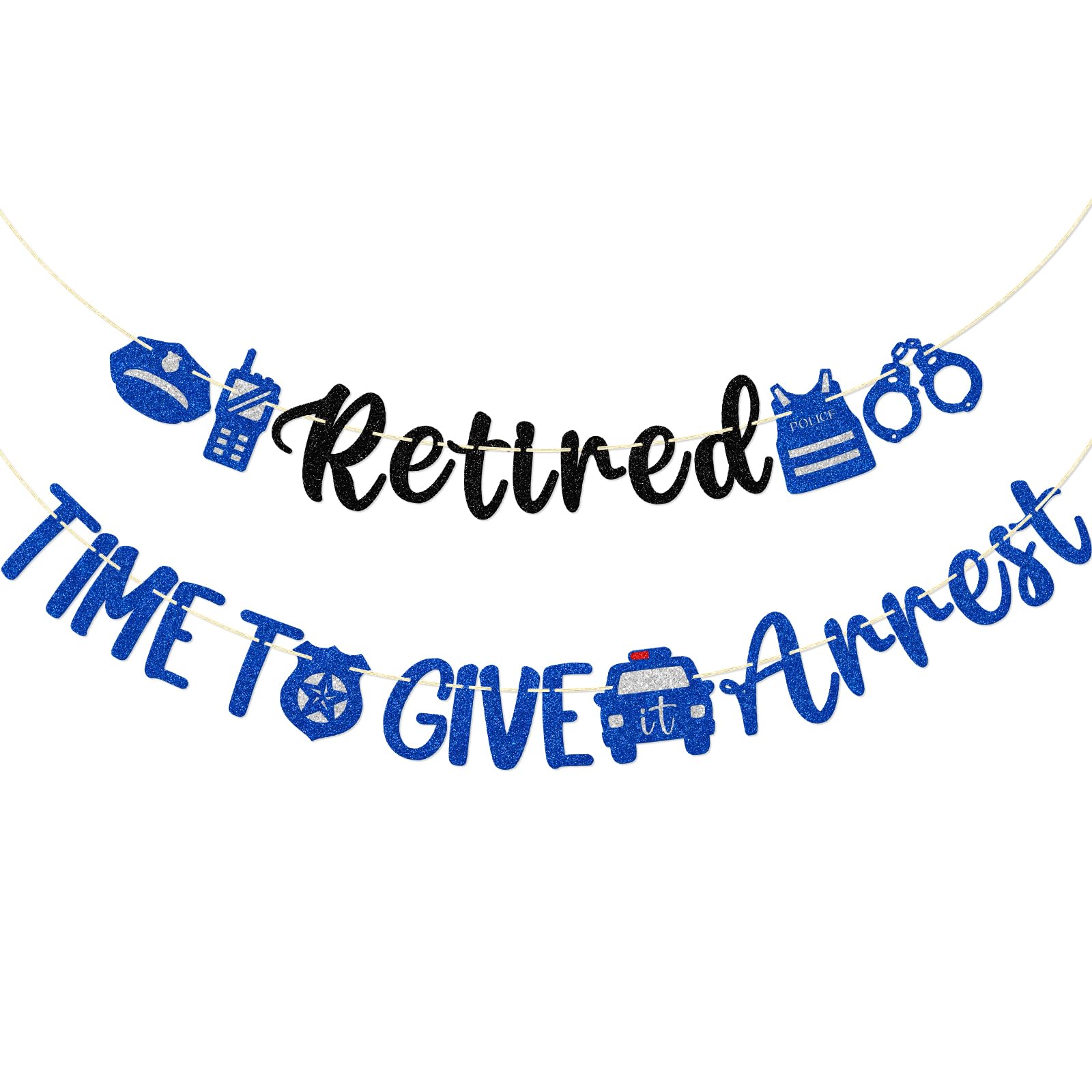Photo 1 of Little Man Police Retirement Banner, 'Retired Time to Give It Arrest', Black, Blue, Silver Glitter, Approx. 5.3 ft x 6.6 in x 6.7 in