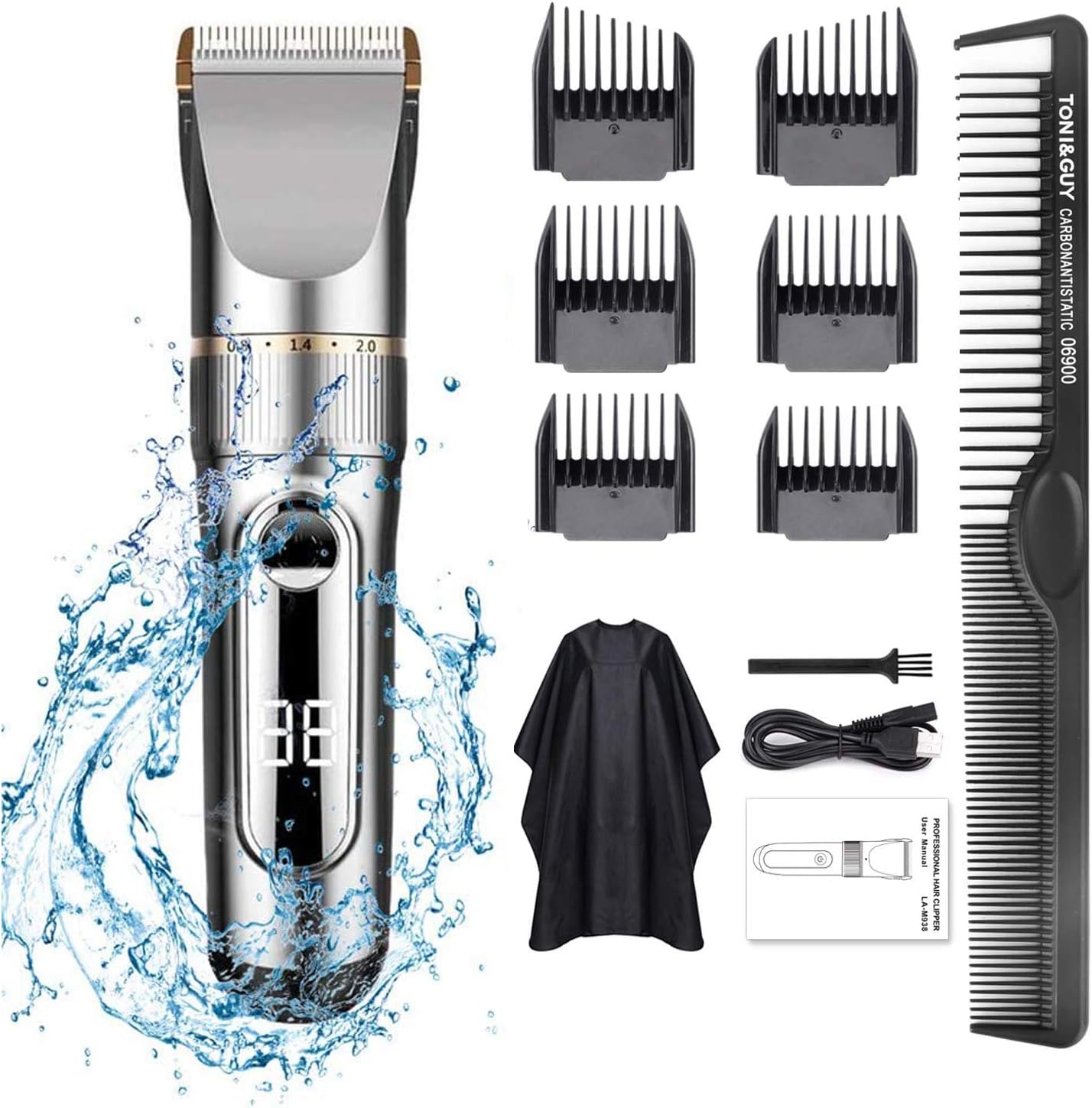 SEAAN Professional Hair Trimmer Clipper Cordless Electric Haircut Kit,Led Display USB Rechargeable with 6 Guide Combs,with Self-Sharpening Ceramic Blade, Waterproof, Two Modes are Suitable for Home