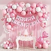 Pink Birthday Decorations with Pearl White Light Pearl Metallic Pink Foil Balloons Fringe Curtain Banner for Happy Birthday Decorations for Women