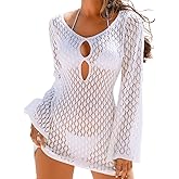 ChiaoLezhee Women's Summer Crochet Swimsuit Cover-up, Boho Long Bell Sleeve Mini Dress, for Beach Vacation