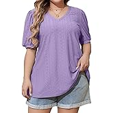 MONNURO Womens Plus Size Tops V Neck Puff Short Sleeve Shirts Casual Fashion Eyelet Tunic Blouses for Leggings