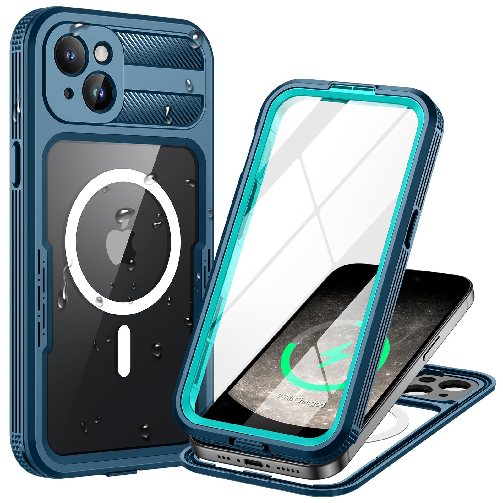 Photo 1 of Lanhiem Magnetic for iPhone 15 Plus Case, IP68 Waterproof Dustproof Case, [Compatible with Magsafe] [Built-in Screen Protector] Full Body Heavy Duty Rugged Phone Cover 6.7 inch, Blue/Clear
