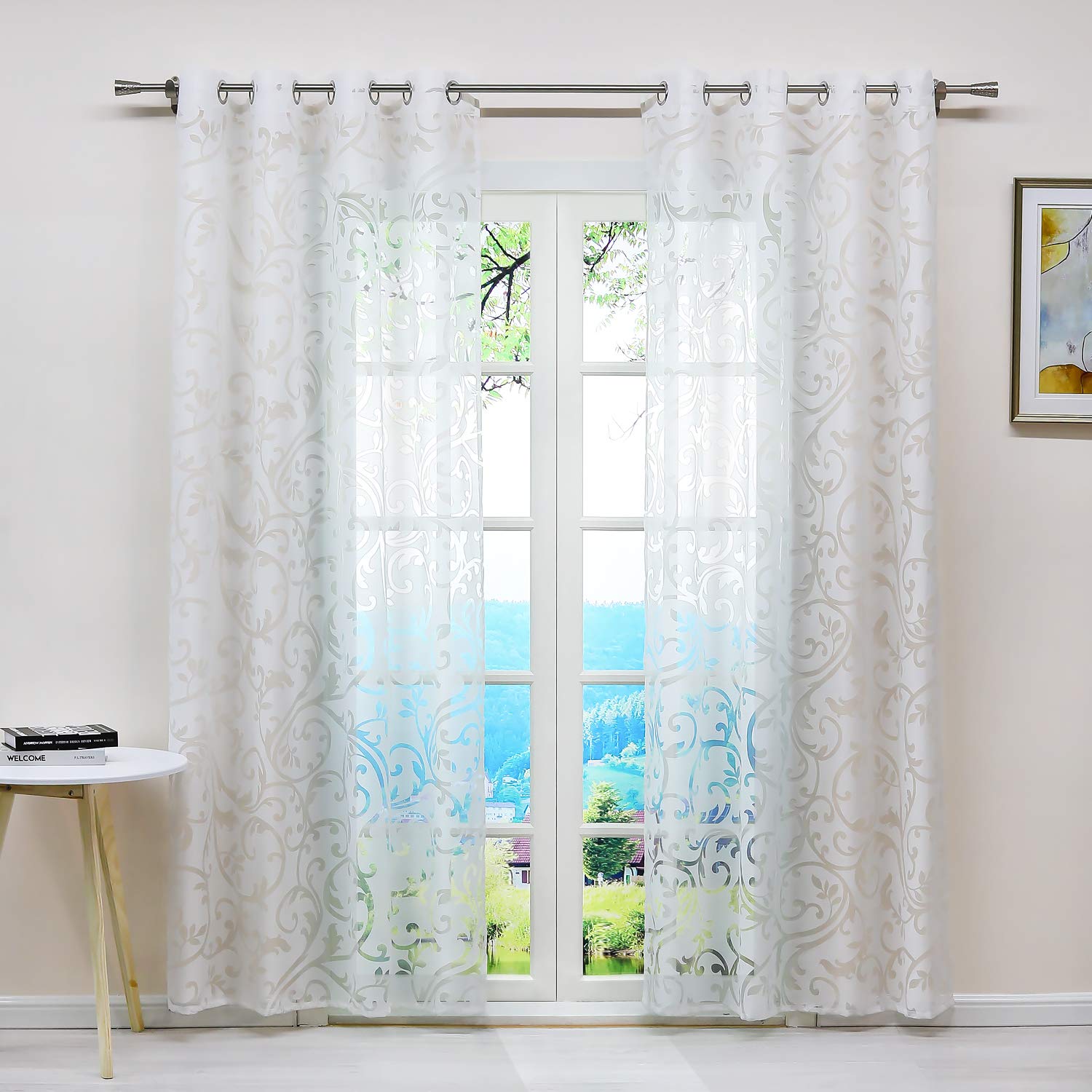 ESLIR Curtains with Eyelets Burnout Window Curtain Transparent Eyelet Curtain with Tendril Pattern White W x H 140 x 225 cm Pack of 1